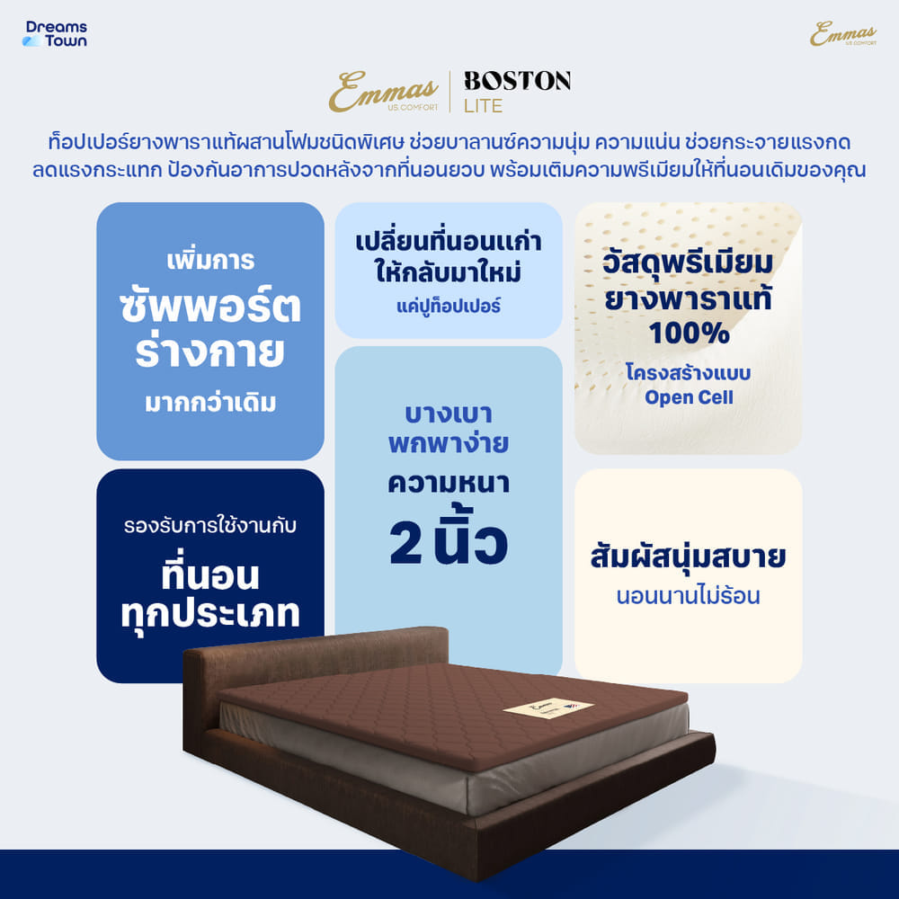 แผ่นรองนอน ยางพาราแท้ 3.5 ฟุต EMMAS BOSTON LITE TOPPER  สีน้ำตาล  ความหนา 2 นิ้ว